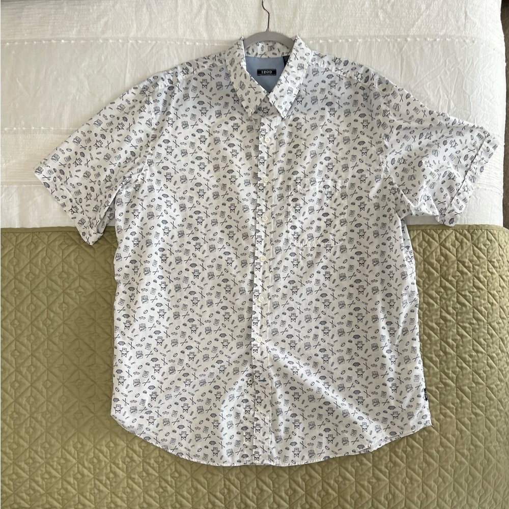 Izod White Casual Button Down Shirt with Subtle Summer Themed Pattern in Blue.